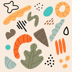 Cheerful abstraction.Set of hand drawn shapes and doodle objects.Abstract  modern trendy vector geometric   illustration.Painting poster design.Various shapes.Vintage colors.