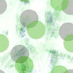 Blots seamless pattern with geometric elements. Watercolor background.