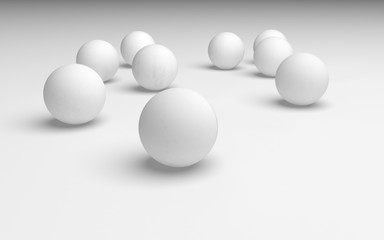 White abstract background. Set of white balls isolated on white backdrop. 3D illustration