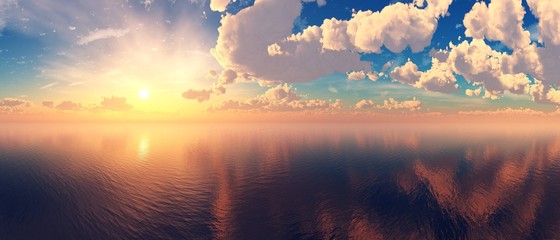 Sea sunset panorama, ocean sunrise, the sun among the clouds above the water
