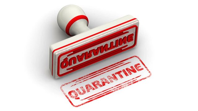 Quarantine. The stamp leaves a imprint. The white seal and red imprint with word QUARANTINE on white surface. 3D illustration