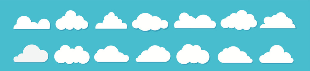 White clouds flat design set on blue background. Vector illustration