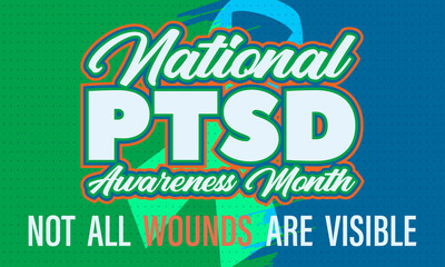 National PTSD Awareness Month is observed annually in June. The month is dedicated to raising awareness about the condition and how to access treatment. Background, poster, card, banner design. 