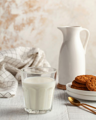 Glass of milk, jug, cookies. The concept of dairy products, the use of milk, farm products. Copy space. Vertical photo.