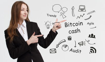 Business, technology, internet and network concept. Young businessman thinks over ideas to become successful: Bitcoin cash