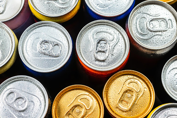 Group of aluminium cans, cold drink. Top view.