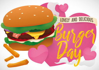 Delicious Cheeseburger with Fries and Hearts to Celebrate Burger Day, Vector Illustration