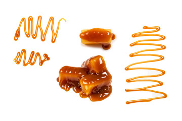 Tasty caramel sauce isolated on white background.