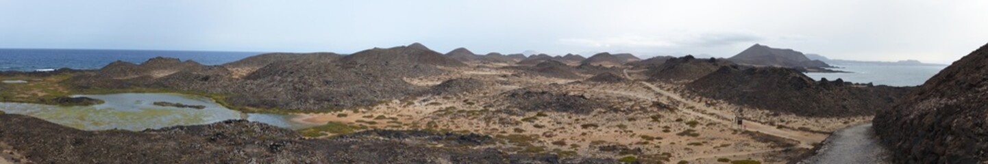 Panoramic view of the landscape of the island of Lobos, from the Punta Martiño lighthouse. Fuerteventura. Canary Islands.