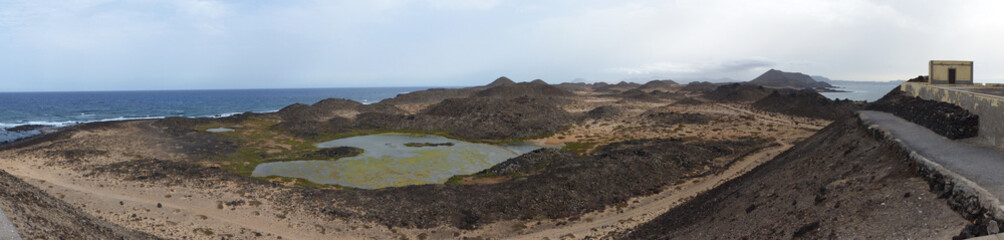 Panoramic view of the landscape of the island of Lobos, from the Punta Martiño lighthouse. Fuerteventura. Canary Islands.