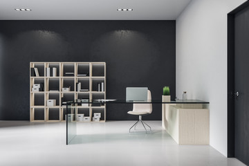 Modern manager workplace interior with laptop on glasses table