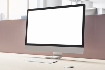 Contemporary designer desktop with empty white computer screen.