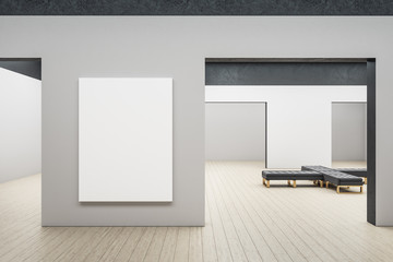 Gallery interior with empty banner on wall