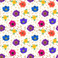 Seamless summer pattern with anemone and daffodil flowers