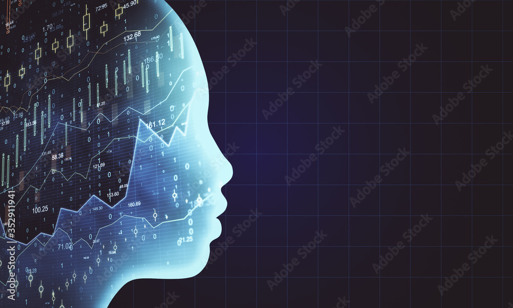 Poster abstract head outline with business charts and stock data
