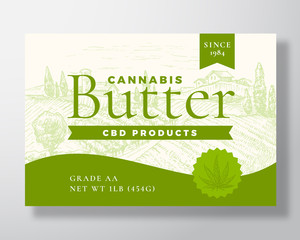 Fototapeta na wymiar Cannabis CBD Butter Label Template. Abstract Vector Packaging Design Layout. Modern Typography Banner with Hand Drawn Green Hemp Leaf and Rural Landscape Background.