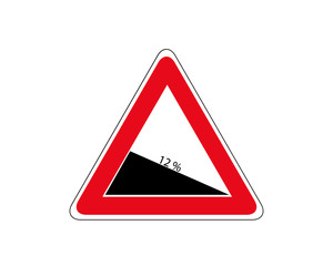 Traffic-Road Sign of Steep Road on White, warning sign about decline of 12 Percent.