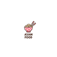 Asian food logo. A pink bowl with noodles and chopsticks. Traditional Asian or Japanese meal with noodles. Colorful vector illustration.
