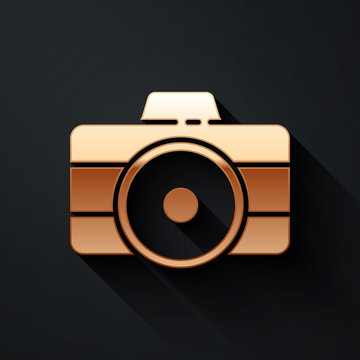 Gold Photo Camera Icon Isolated On Black Background. Foto Camera Icon. Long Shadow Style. Vector.