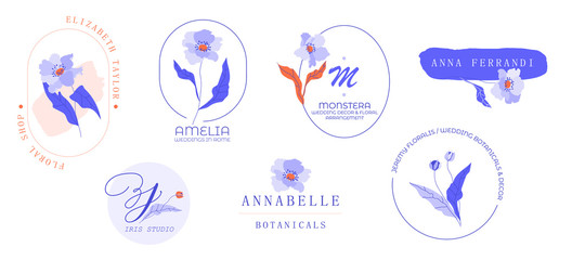 Modern Logo design frameset. Elegant feminine logo templates with poppy flowers. Line art, floral contour shapes. Botanical logo arrangement for a flower shop, wedding agencies, personal branding.