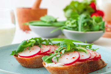 Italian twisted rosemary focaccia bread, ricotta cheese, fresh vegetable and herbs from a garden, radish, arugula, corn salad, sugar pea and milk, wooden mortar with red pepper. White wooden table. 