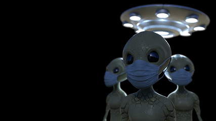 3d model of aliens wearing a surgical mask with an UFO on the background. 3D rendering.