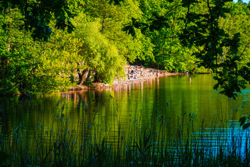 Beautiful view of one of the two bathing beaches on Berlin's lake "Krumme Lanke". In May the beaches in the German capital were released for swimming again.