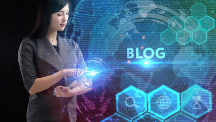 Business, Technology, Internet and network concept. Young businessman working on a virtual screen of the future and sees the inscription: Blog