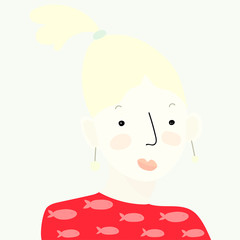 Cute  woman's portrait   on the blue background in hand drawn style. Blond woman in red sweater with fishe's print.  Vector illustration. Cute childish  portrait.