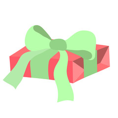 Cute cartoon  pink gift box with green bow. Hand drawn style.Beautiful present box with  bow. Vector illustration.