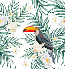 Vector tropical pattern with hibiscus flowers, birds and exotic palm leaves. Trendy summer background. Summer floral illustration. © Logunova  Elena