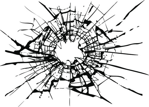 Broken glass, cracks, bullet marks on glass. High resolution. Texture glass with black hole. Transparent background