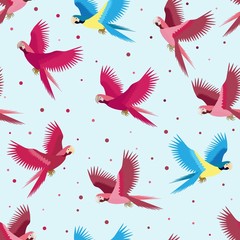 Seamless tropical pattern with colorful parrot and dot. Vector summer background. Print for fabric and web.