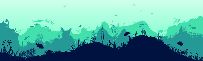 Fototapeta na wymiar Marine underwater background. The bottom of the ocean with algae. Vector nautical scene. . Deep blue water, coral reef and underwater plants. beautiful underwater scene with fish; vector 