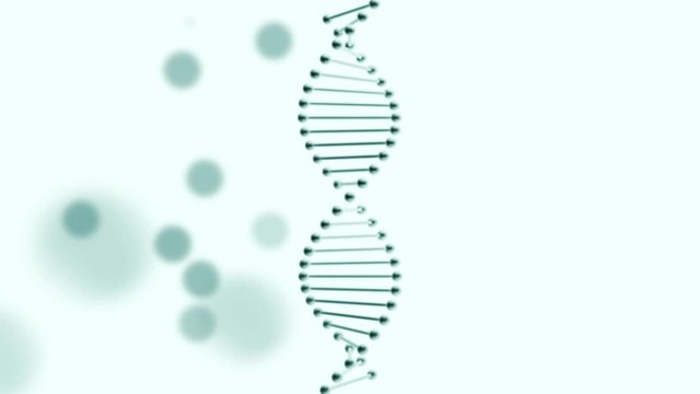 Realistic dna double hellix spinning on a light blue background.