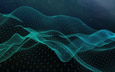 Abstract landscape on a dark background. Cyberspace grid. hi tech network. Outer space. Starry outer space texture. 3D illustration