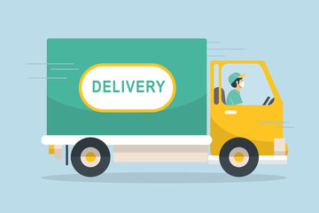 An illustration expressing a delivery employee who drives a truck and runs safely and quickly toward the delivery destination