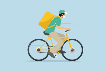 Naklejka premium Cartoon illustration of a delivery man riding a bicycle and speeding toward the delivery destination.