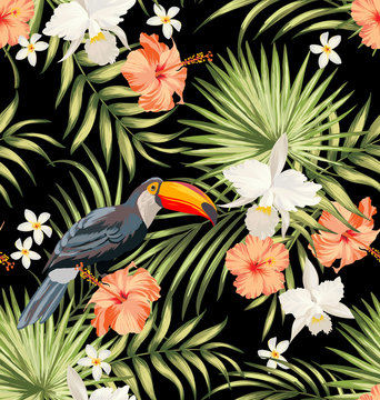Vector tropical pattern with hibiscus flowers, birds and exotic palm leaves. Trendy summer background. Summer floral illustration.