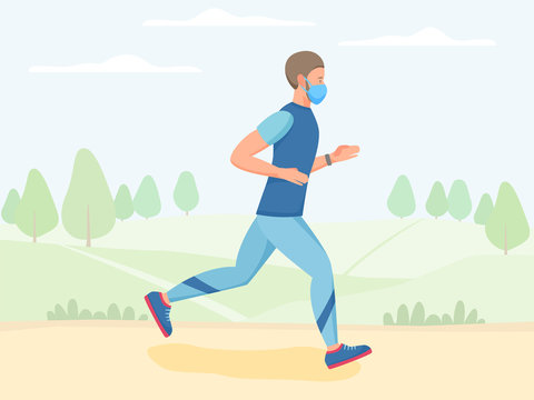Men in mask running outdoor, jogging and training in park, physical activity outdoors, flat vector illustration