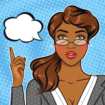 Pop art african american businesswoman in glasses pointing finger on speach bubble for your offer or announcement, cartoon business lady advising concept in retro comic style