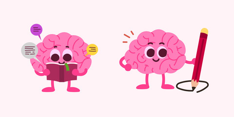 손으로 그린 귀여운 두뇌 캐릭터 벡터 일러스트.