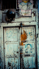 Close up of wooden door with chain and lock