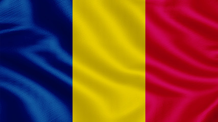 Flag of Chad. Realistic waving flag 3D render illustration with highly detailed fabric texture.