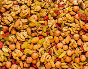mixed nuts almond, walnut, hazelnuts, raisins and berries