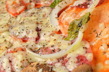 Fresh baked homemade pizza with mushrooms, onions, Gouda cheese, basil, oregano and tomato sauce. Macro.