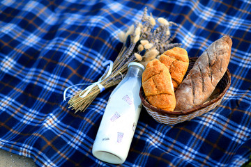 a bottle of milk, croissants and bread on a blue plaid blanket in the morning on the beach