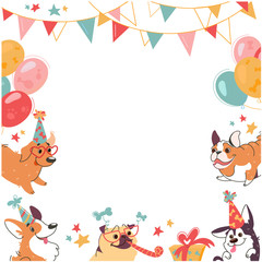 Festive frame with cute dogs, welsh corgi, shepherd, labrador, pug, bulldog. Birthday party with cake and balls in cartoon style. Dog isolated on white, vector illustration.