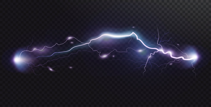 Vector realistic lightning. Thunderstorm and lightning. Magic electricity lighting effects. Realistic design element.