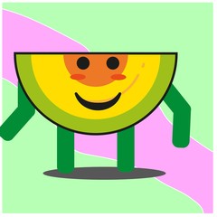 Cute slice of melonfruit cartoon face mascot character with hand and leg vector design